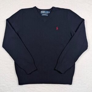 Polo Ralph Lauren Sweater Mens Medium Blue Lambswool V Neck Knit Pullover Pony